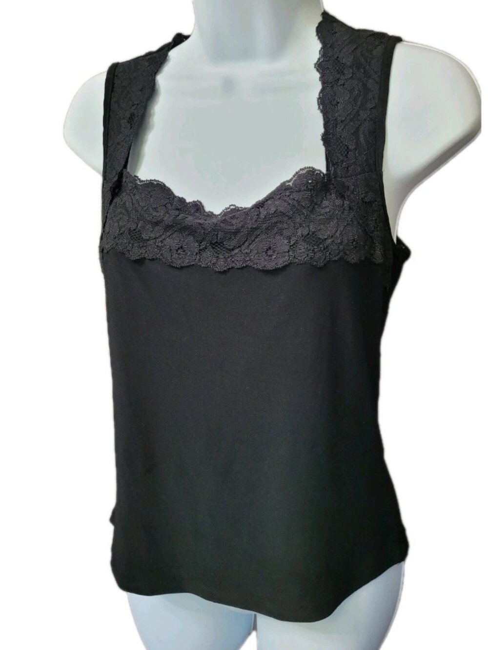 Susan Lawrence Y2K Black Tank Shell Cami Slinky Knit Top Womens S Lace‎ Trim